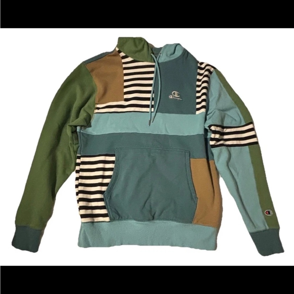 CHAMPION Colorblock Striped Classic Fleece Aqua Green Hoodie Pullover Small